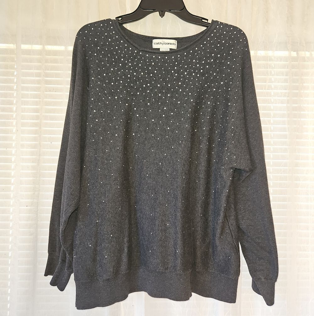 Cathy Daniels Dark Charcoal Crewneck Sweater with Sparkle Studs